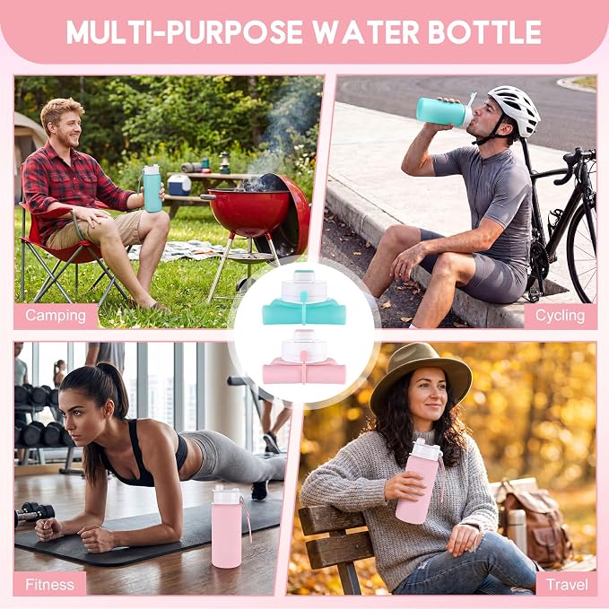 LemonRoad 2 Pcs 19 oz Silicone Collapsible Water Bottle Portable Foldable Water Bottle Leakproof with Carabiner Reusable Lightweight for Travel Sport Hiking Camping Cycling Office(Pink Green)