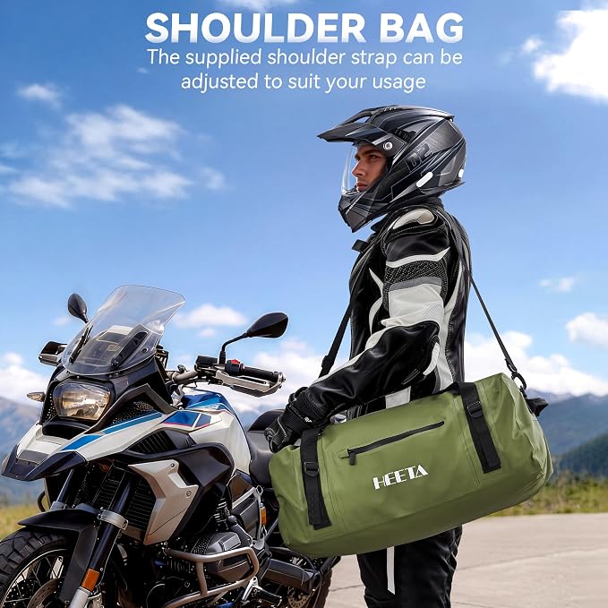 HEETA Waterproof Motorcycle Dry Bag, Waterproof Duffel Luggage Travel Bags with Zippered Closure & Pocket, Shoulder Straps, Large Space for Motorcycling Camping Commuting Boating (Green, 50L)