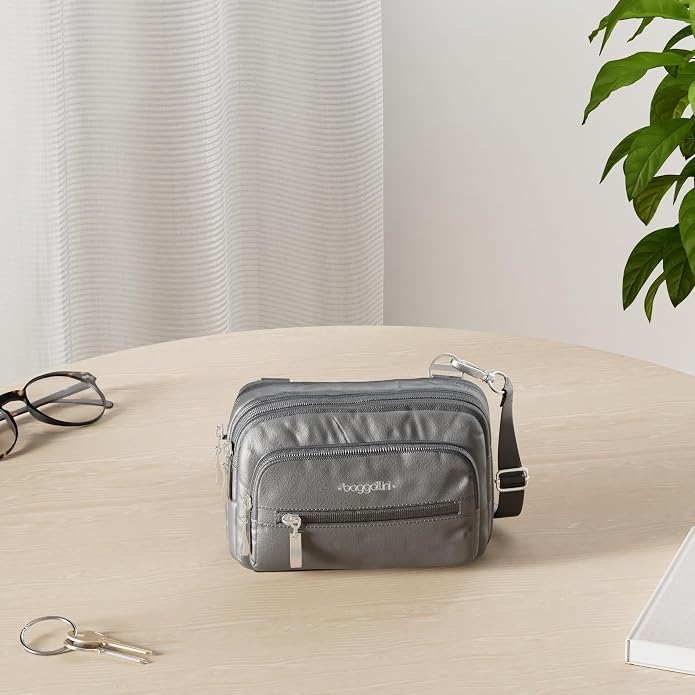 Baggallini Triple Zip Small Crossbody Bag for Women - Lightweight Convertible Fanny Pack Belt Bag