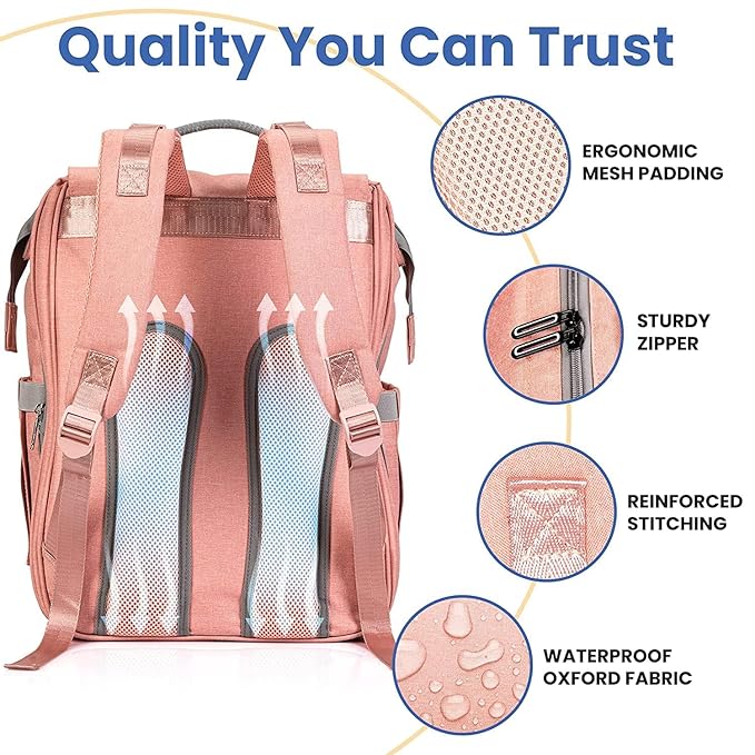 PILLANI Baby Diaper Bag Backpack - Diaper Bags for Baby Girl - Baby Shower Gifts for Girls - Large Waterproof Diaper Backpack - Pink Diaper Bag & Cute Baby Bags for Girls w/Portable Changing Pad, Pink