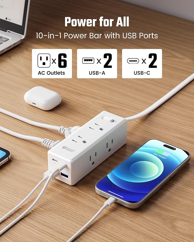 10 Ft Extension Cord with Multiple Outlets, Long Extension with 6 Outlets 4 USB Ports(2 USB C), Flat Plug Surge Protector Power Strip for Home, Office Supplies, Dorm Essentials