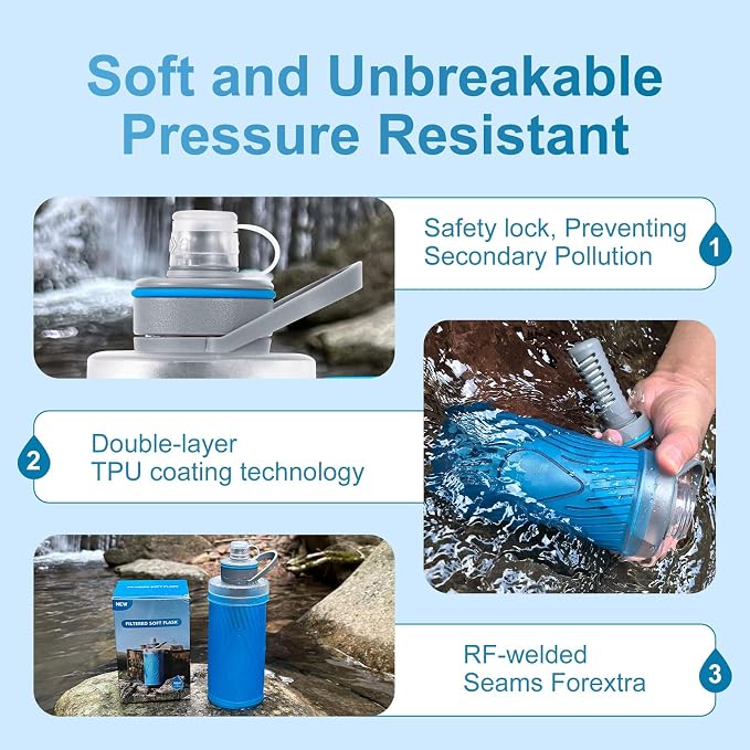 SurviMate 700ml Collapsible Water Filter Bottle,Squeeze Water Filtered Bottle，BPA-Free, Ultra Light Emergency Survival Water Filter，Perfect for Hiking, Backpacking, Camping