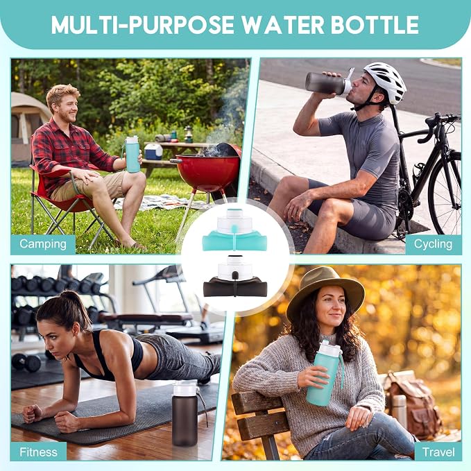 LemonRoad 2 Pcs 19 oz Silicone Collapsible Water Bottle Portable Foldable Water Bottle Leakproof with Carabiner Reusable Lightweight for Travel Sport Hiking Camping Cycling Office(Green Gray)