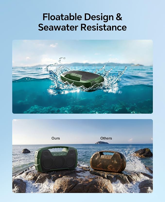 IPX7 Waterproof Outdoor Bluetooth Speaker, Wireless, 90W(Peak), 32H Playtime, Floating Design, Deep Bass & Loud Stereo Sound, Portable with Handle, Rugged for Pool, Beach, Kayaking, Hiking, Green