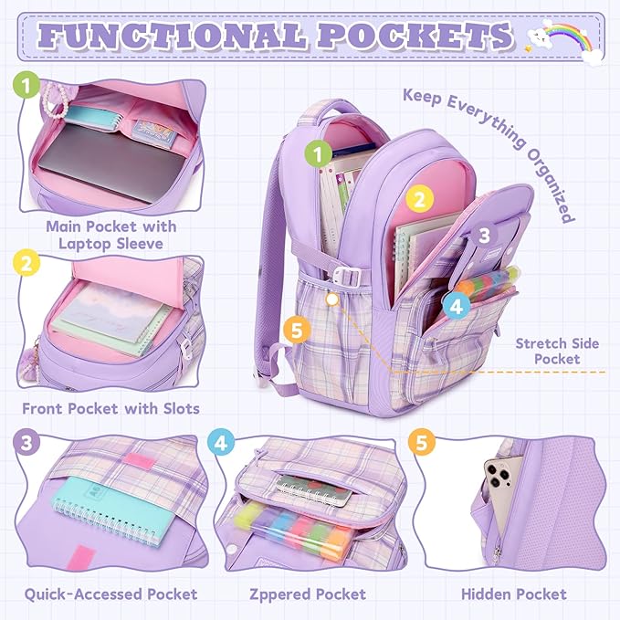 MUSEVOS Girls Backpack, Ideal School Backpack for Girls from Elementary to Teen Years, Kawaii Bookbag Cute Large Capacity