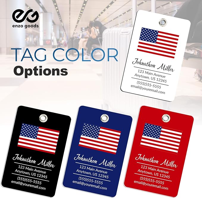 Personalized Luggage Tag with American Flag | 4 Pack | Custom Luggage Tags for Suitcases | Kids Backpack Tag | 4 Color Options & Choose Font, Font Color