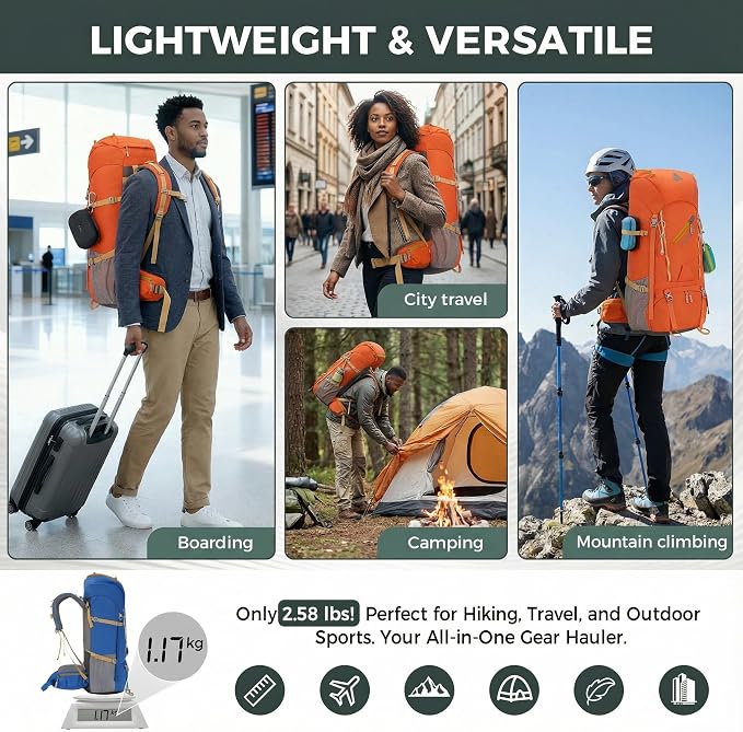 Bseash 65L Waterproof Hiking Camping Backpack with Rain Cover, Outdoor Sport Travel Daypack for Climbing Touring (Orange)