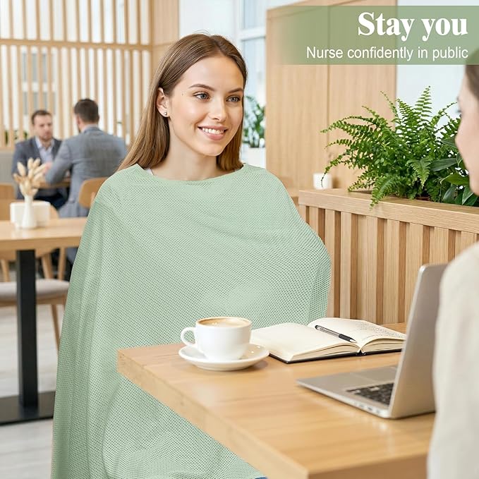 Basumee Nursing Cover for Breastfeeding Breathable Mesh 360 Full Privacy Nursing Wrap Multi-Use Breast Feeding Covers for Women Moms Feeding Essentials, Sage Green, 1 Pack