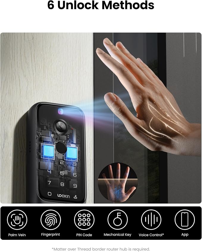 Lockin Venoris Plus - All-in-One Smart Lock for Front Door - Palm Vein & Fingerprint Keyless Entry - 2K 180° Ultra-Wide Camera, Night Vision, Built-in WiFi & 8GB Storage - No Monthly Fee