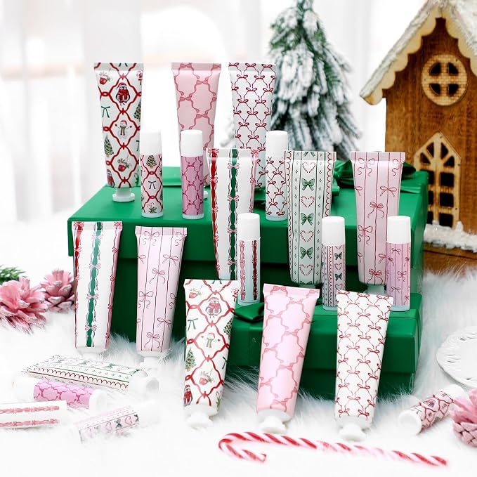 24 Pcs 12 Sets Valentine's Day Hand Cream and Lip Balm Bulk Gift Set, 6 Scents Coquette Bow Valentine's Day Travel Size Hand Lotion Lip Care Gift for Women Staff Coworkers