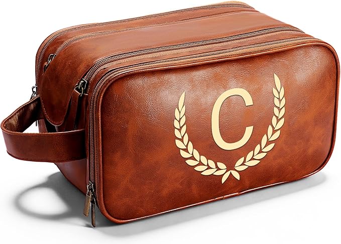 OXYEFEI Personalized Gifts for Men, Personalized Large Toiletry Bag for Men,Custom PU Leather Waterproof Mens Toiletry Travel with Initial Essential Dopp Kit Shaving Bag (C, Light Brown)