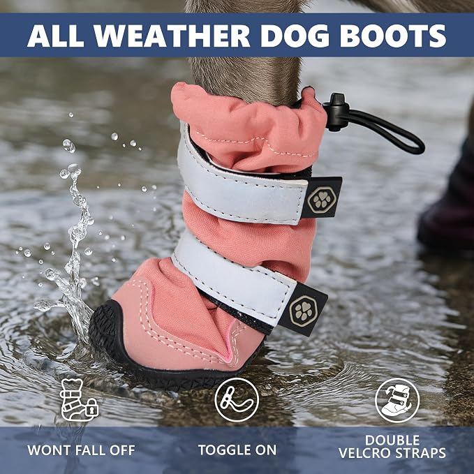Spark Paws Dog Rainboots, Waterproof Dog Shoes for Medium to Large Dogs, Non Slip, Dog Booties and Paw Protectors - 4PCS Doggie Hiking Boots with Reflective Straps - Pink, Size 1