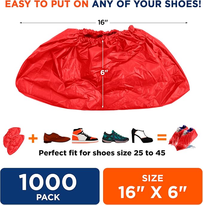 EZGOODZ Red Indoor Shoe Covers Disposable Non Slip, 16 x 6 Inch. 300 Pack Shoe Booties Disposable. PP Disposable Booties for Shoes Covers. Waterproof Surgical Boot Covers for Outdoor