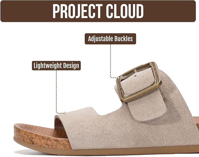 Project Cloud Womens Sandals - Adjustable Buckle Sandals for Women 2026 with Plush Insole - Lightweight & Non Slip Slides for Women Footwear