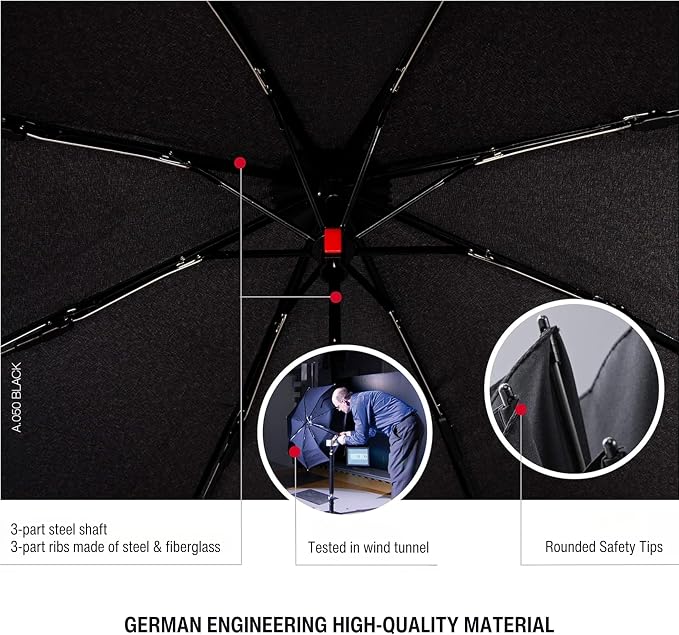 Knirps AS.050 Slim Manual Folding Rain Umbrella – 38" Canopy for Rain, Travel Case Included