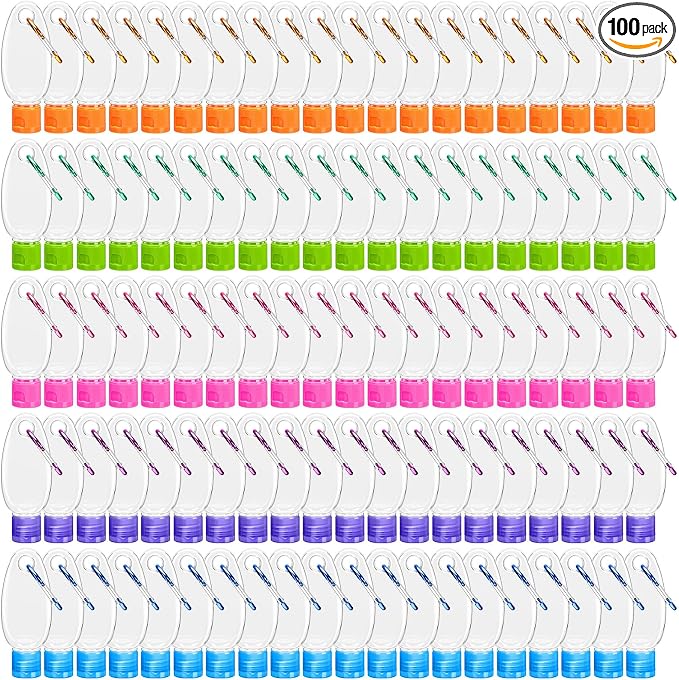 Yalikop 100 Pcs Traveling Bottles with Keychain 1oz Clear Plastic Keychain Bottle Leakproof Refillable Keyring Container Liquid Packing Container Portable Bottle with Colorful Lids for Liquid Cream