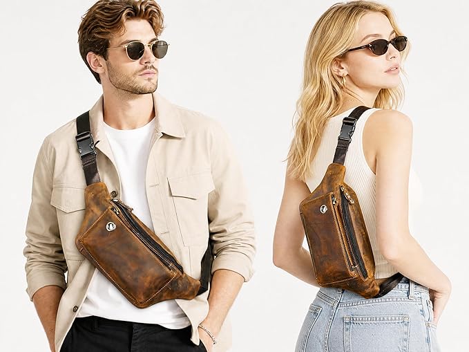 Water Resistant Canvas + Leather Hiking Riding Travel Fanny Waist Pack Small Phone Pouch For Men Women FB811-29 (W-8138-Brown)