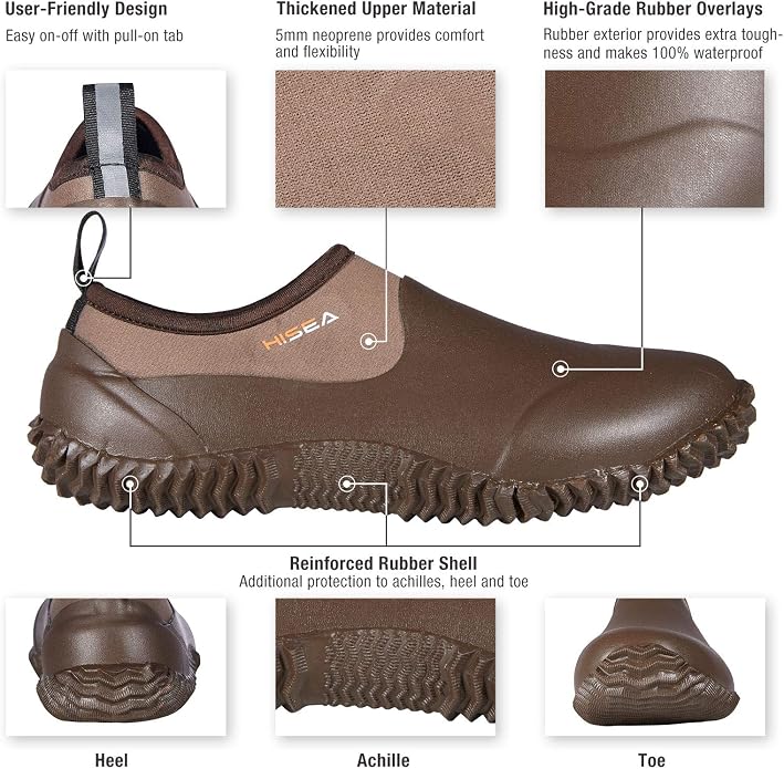 HISEA Unisex Garden Shoes, Waterproof Slip-On Rain Boots for Men and Women, Neoprene Rubber Rain Shoes Outdoor Ankle Booties for Gardening, Farming, Camping, Dog Walking, Car Wash, Lawn Care and Yard Work