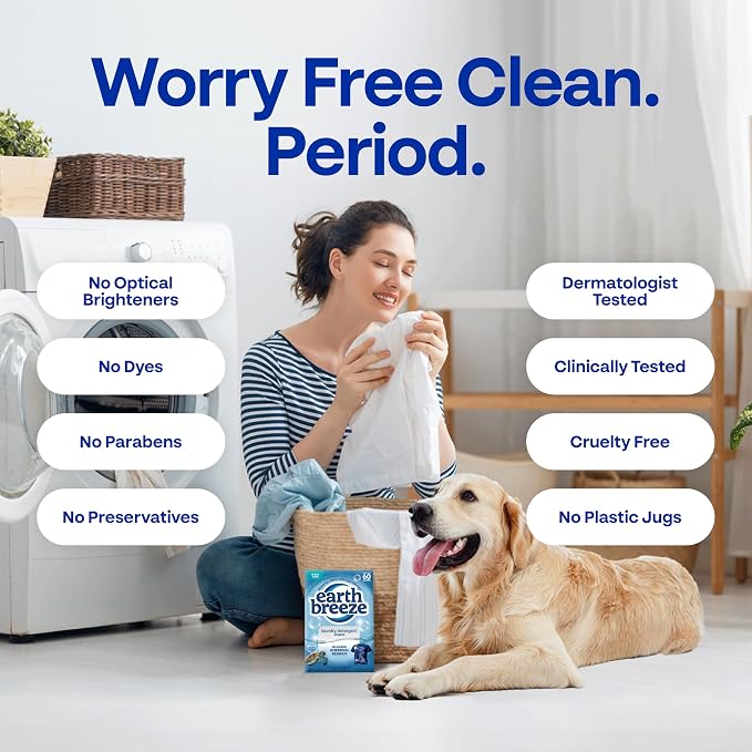 Earth Breeze Laundry Detergent Sheets River Rain - 60 Loads - Eco Laundry Sheets - Travel Laundry Detergent Soap Sheets for Hot & Cold Cycles - Tackles Tough Stains & Odors - Gentle on Skin, 30 Ct