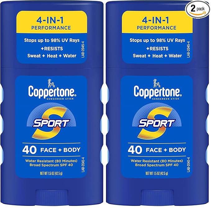 Coppertone Sport Sunscreen Stick SPF 40, Stick Sunscreen for Face and Body, Water Resistant, Travel Size, 1.5 Oz (Pack of 2)