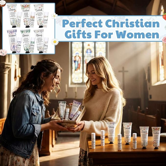 Loopeer 6 Sets Bulk Christian Hand Cream and Lip Balm Set for Women Religious Travel Size Moisturizing Lip Care Mini Religious Gifts for Women Coworker Appreciation Gift