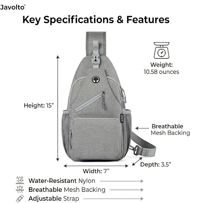 Javolto Sling Bag for Men Crossbody Backpack, Small Sling Backpack Mens Shoulder Bag, Casual Daypack Hiking Bag for Travel