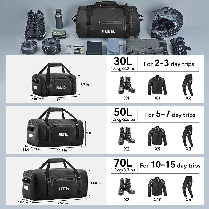 HEETA Waterproof Motorcycle Dry Bag, Waterproof Duffel Luggage Travel Bags with Zippered Closure & Pocket, Shoulder Straps, Large Space for Motorcycling Camping Commuting Boating (Black, 50L)
