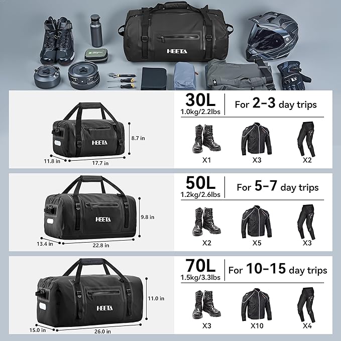 HEETA Waterproof Motorcycle Dry Bag, Waterproof Duffel Luggage Travel Bags with Zippered Closure & Pocket, Shoulder Straps, Large Space for Motorcycling Camping Commuting Boating (Black, 70L)