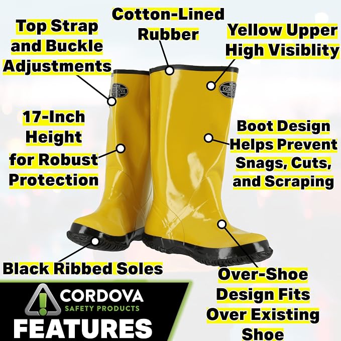 Cordova BYS17 Hi-Vis Cotton-Lined Rubber Slush Boots, 17-Inch Length, Ozone Resistant, Adjustable Top Strap, Size 6