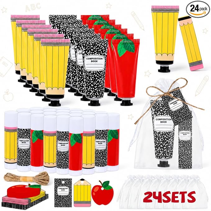 96Pcs 24 Sets Teacher Employee Appreciation Gifts Bulk Include Hand Cream Lotion Lip Balm with Bag Card Bulk Travel Size Thank You Gift for Employee Thank You Graduation Back to School Party Supplies