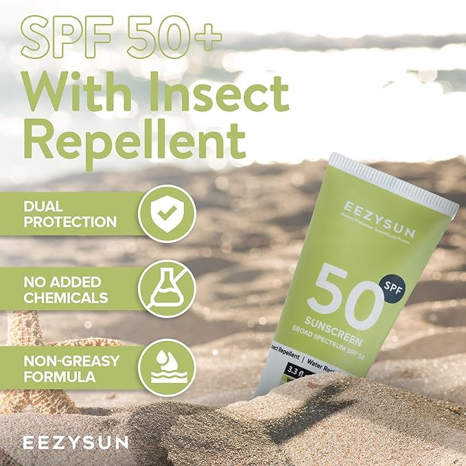 EEZYSUN Sunscreen SPF50 with Insect Repellent - Water-Resistant Sunscreen Bug Repellent Combo with Citronella Oil, Lemongrass, Neem Oil - Vacation, Beach Essentials, Face & Body Sun Care - 3.3 fl oz