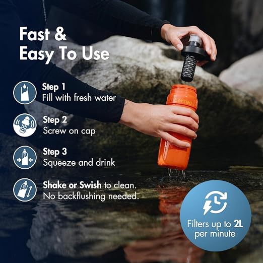 Katadyn BeFree AC Bottle 0.7L Water Filter Bottle for Travel & Daily Use | 2-Stage Filter Removes Bacteria & Microplastics, Improves Taste, BPA-Free, Fits Cup Holders - Red
