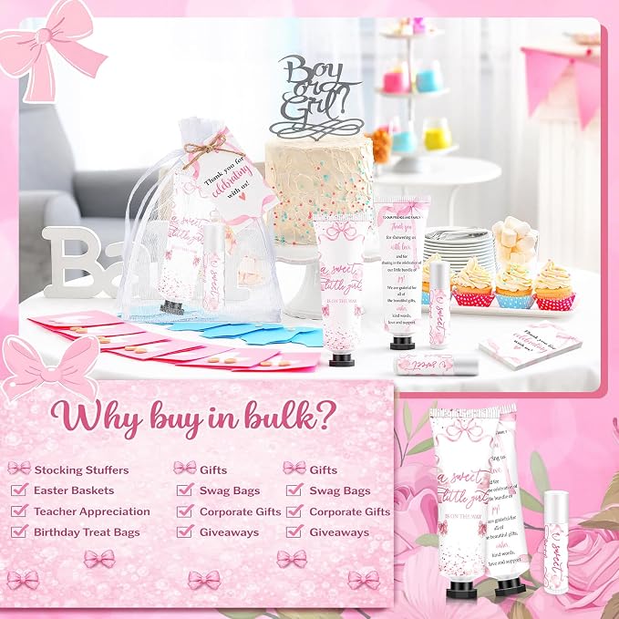 50 Sets 200 Pcs Coquette Pink Bow Baby Shower Gifts Bulk Hand Lotion and Lip Balm Party Favors Theme Baby Shower Travel Size Hand Lotion and Lip Balm with Organza Bags Tags