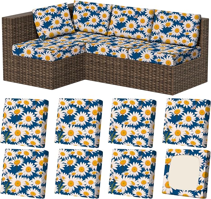 8Pcs Stretch Patio Cushion Covers, Outdoor Couch & Sofa Replacement Slipcovers for Patio Furniture Cushion Covers, Washable Reusable Furniture Protector