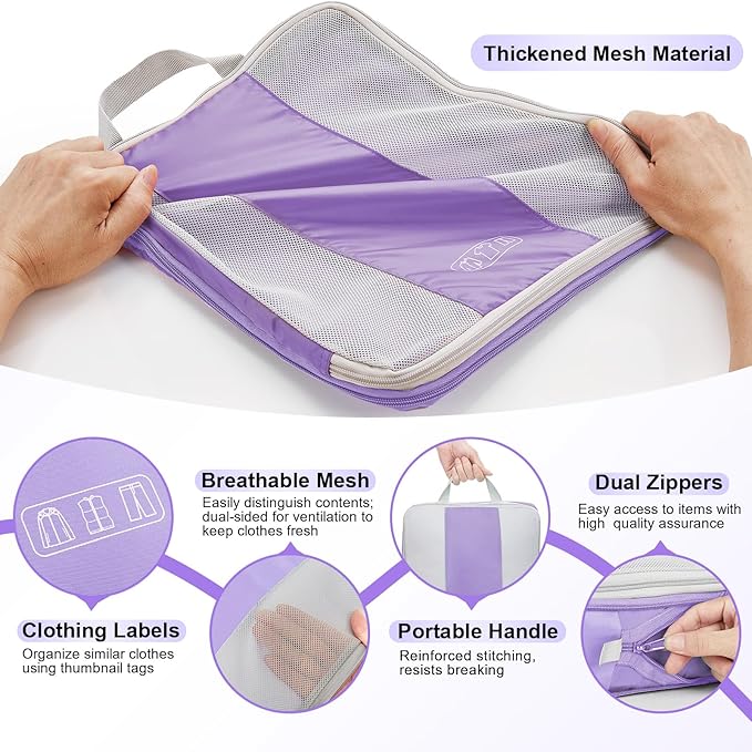 10 Set Compression Packing Cubes for Travel Essentials,Compressible Expandable Packing Cubes for Suitcase,OlarHike Luggage Garment Bags for Travel,Handy Helper for Organizing Clothes(Light Purple)
