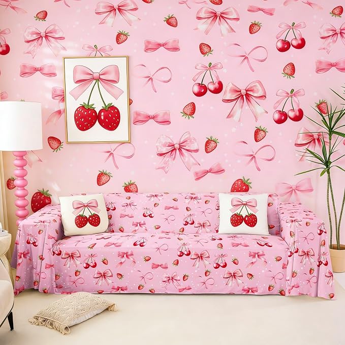 Pink Cherry Bow Couch Cover for 2 Cushion Couch,Strawberry Couch Covers for Dogs Cat Scratch Proof Cute Ribbon Bowknot Kawaii Fruit Princess Bow Tie Seat Covers Soft Furniture Protector,71" x 134"