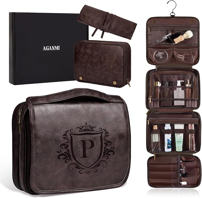 Personalized Gifts 3-in-1 Hanging Travel Toiletry Bag for Men, Laser-Engraved Initial Waterproof PU Leather Shaving Bag Valentines Easter Birthday Gifts for Men Dad Husband Son Dark Brown P
