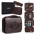 Personalized Gifts 3-in-1 Hanging Travel Toiletry Bag for Men, Laser-Engraved Initial Waterproof PU Leather Shaving Bag Valentines Easter Birthday Gifts for Men Dad Husband Son Dark Brown P