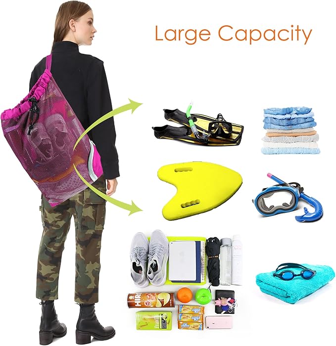 BeeGreen Mesh Drawstring Bag Swim Backpack for Beach Pool Sports Gym Draw String Cinch Bags for Swimming Soccer Basketball Gear Rose Red