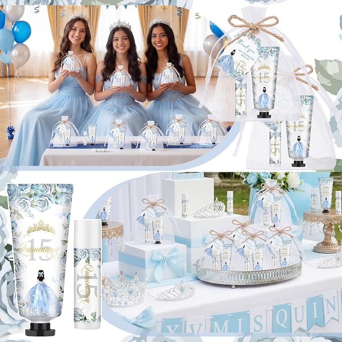 Leelosp 25 Set/100 Pcs Quinceanera Party Favor for Guest with Travel Size Hand Cream, Lip Balm, Card, Organza Bags Quinceanera Gift Set Sweet 15th Party Supply Birthday Souvenir(Dusty Blue)