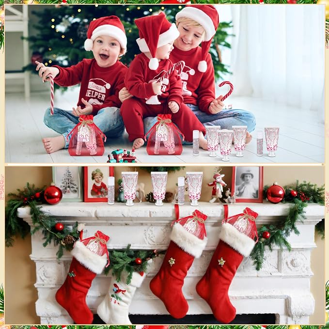 24 Sets Christmas Candy Cane Pattern Hand Cream and Lip Balm Gifts Bulk Candy Apple Hand Lotion for Women Travel Size Xmas Wedding Shower Favors for Guests