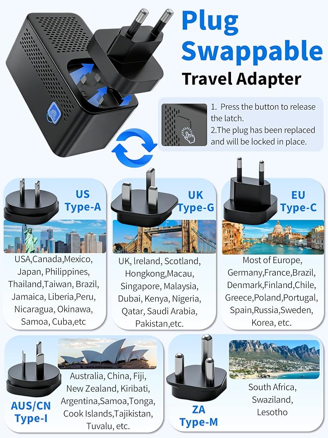 Travel Adapter Voltage Converter US to Europe Power Adapter Step Down Transformer 220V to 110V with 2 USB A 2 USB C & UK/AU/US/EU/﻿South Africa for Hair Dryer (Black)