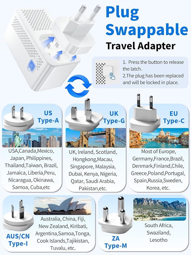 220V to 110V Voltage Converter US to Europe Travel Adapter with International Plug Adapter UK/AU/US/EU/﻿South Africa 2 USB-A and 2 USB-C Power Converter for Hair Dryers (White)