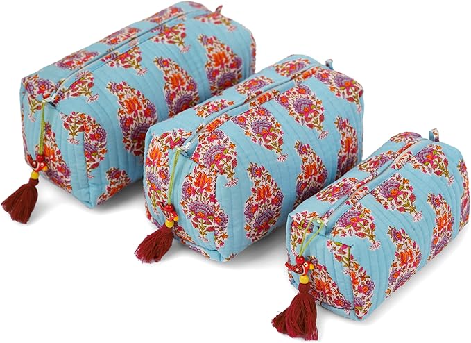 Saffron Marigold Quilted Makeup Bag Set of 3, Hand Block Printed Cotton Cosmetic Bags for Women, Waterproof Lined Travel Toiletry Bag, Coquette Aesthetic, Handmade Gift, Kashmir