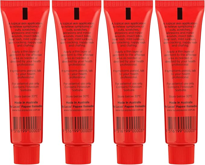 Lucas Papaw Ointment 25g Tubes — 4 Pack — Fermented Papaya Lip and Skin Balm for Dry Lips, Cracked Skin and Everyday Care, Made in Australia