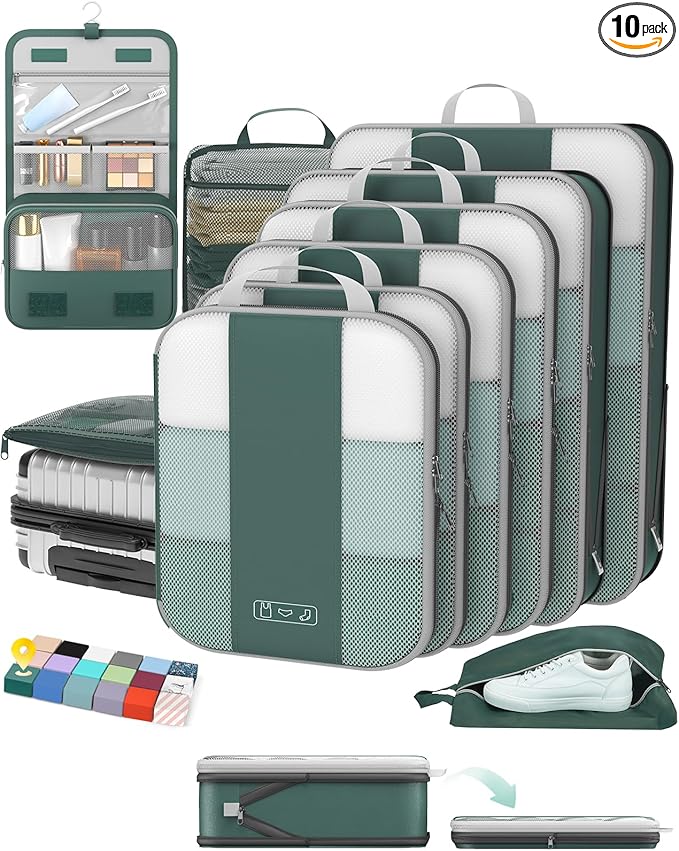 10 Set Compression Packing Cubes for Travel Essentials,Compressible Expandable Packing Cubes for Suitcase,OlarHike Luggage Garment Bags for Travel,Handy Helper for Organizing Clothes(Dark Green)