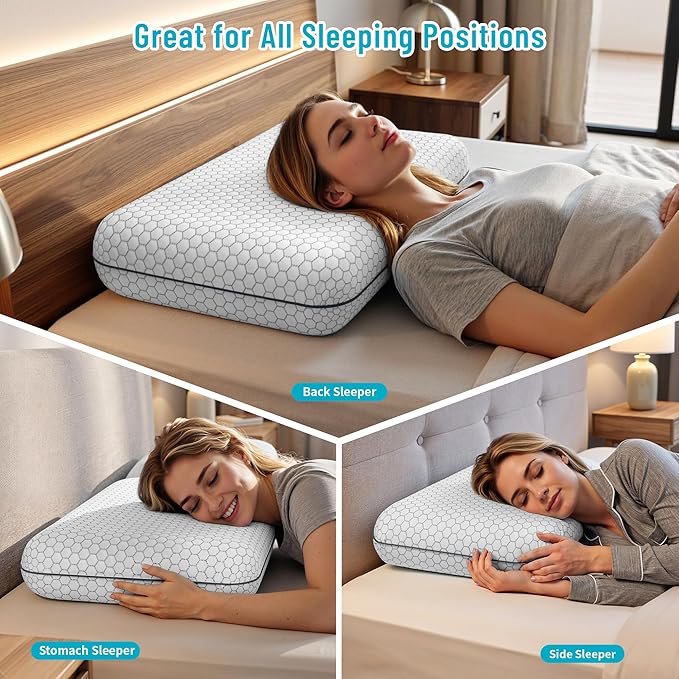 CushyOasis Memory Foam Pillows for Side, Back and Stomach Sleepers, Set of 2, Bed Pillow with Washable Cover and Breathable Mesh, Bed Pillow for Sleeping (Light Grey，Queen Size)