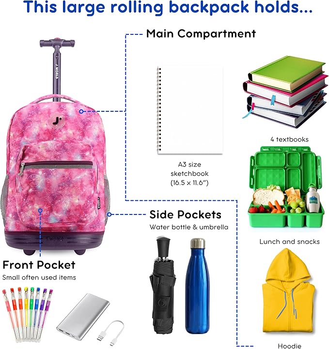 J World Sunrise Kids Rolling Backpack for Girls Boys. Roller Bookbag With Wheels For School, Purple Galaxy