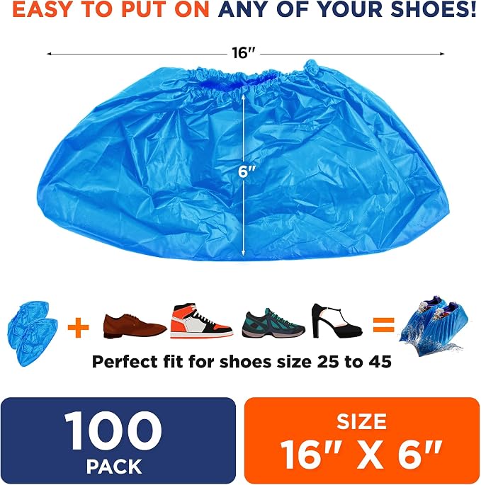 EZGOODZ Blue Disposable Shoe Covers for Indoors/Outdoors, 16 x 6 Inch. Pack of 100 (50 Pairs) Waterproof Disposable Boot Covers. Thick CPE Booties to Cover Shoes with Elastic Ankle Band