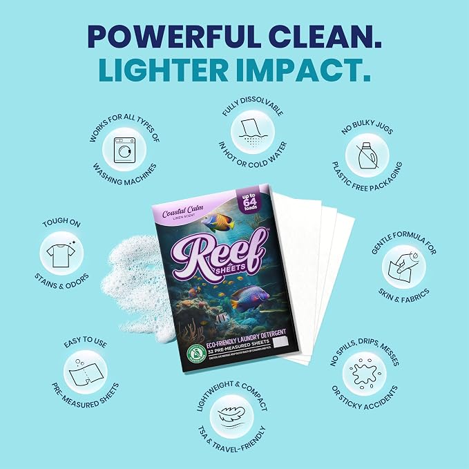 Reef Sheets Laundry Detergent Sheets, 64 loads, Hypoallergenic & Plastic-Free Eco-Friendly Packaging, Gentle on Skin, Tough on Stains, Travel-Friendly, Coastal Calm Linen Scent, 32 ct